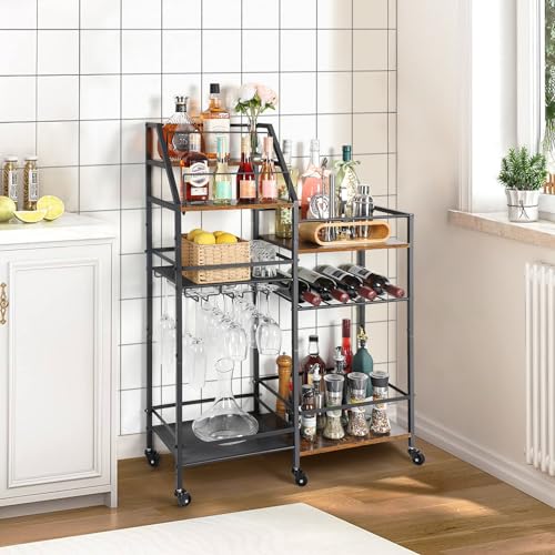 VINAEMO Rolling Bar Cart with Wine Glass Holder, Bar Carts for the Home, Bar Stand for Home, Small Mini Bar for Whiskey Wine, Liquor Cart for Home Bar, Alcohol Cabinet for Bar, Kitchen, Dining Room