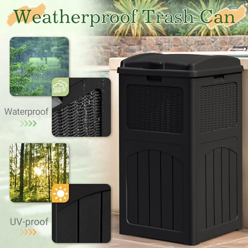 Greesum 33 Gallon Outdoor Trash Can with Lid, Waterproof Resin Garbage Bin for Hideaway, Deck, Patio, Black