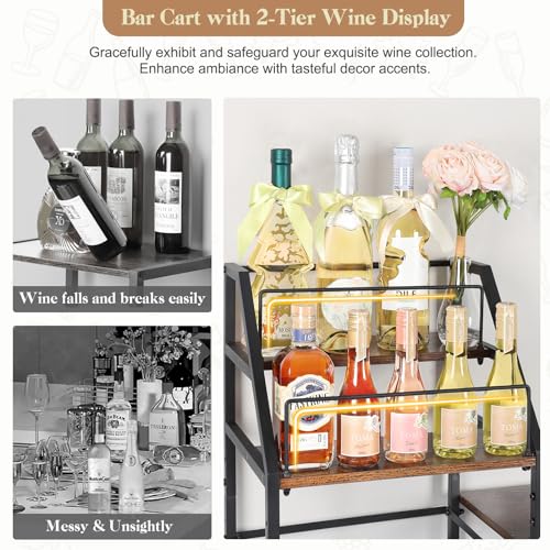 VINAEMO Rolling Bar Cart with Wine Glass Holder, Bar Carts for the Home, Bar Stand for Home, Small Mini Bar for Whiskey Wine, Liquor Cart for Home Bar, Alcohol Cabinet for Bar, Kitchen, Dining Room