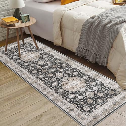 GlowSol Washable Rugs 2x6 Runner Rug Vintage Oriental Area Rugs for Bedroom Aesthetic Entryway Rug Black Rug Throw Rugs with Rubber Backing Distressed Carpet Kitchen Rugs Black 2'x6'