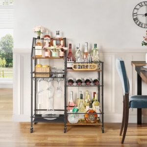 VINAEMO Rolling Bar Cart with Wine Glass Holder, Bar Carts for the Home, Bar Stand for Home, Small Mini Bar for Whiskey Wine, Liquor Cart for Home Bar, Alcohol Cabinet for Bar, Kitchen, Dining Room