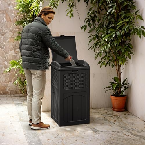 Greesum 33 Gallon Outdoor Trash Can with Lid, Waterproof Resin Garbage Bin for Hideaway, Deck, Patio, Black