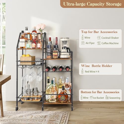 VINAEMO Rolling Bar Cart with Wine Glass Holder, Bar Carts for the Home, Bar Stand for Home, Small Mini Bar for Whiskey Wine, Liquor Cart for Home Bar, Alcohol Cabinet for Bar, Kitchen, Dining Room