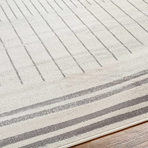 BoutiqueRugs Chet White and Gray Modern Abstract Geometric Area Rug - Minimalist Contemporary Striped Carpet for Living Room, Bedroom, Dining Room - Charcoal, Light Gray, Cream - 6'7" Round Rug