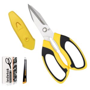 iedetok utility scissors heavy duty, ultra sharp blade shears with protective case, multipurpose stainless steel scissors for cutting cardboard, fabric, carpet, leather, wire (yellow set)