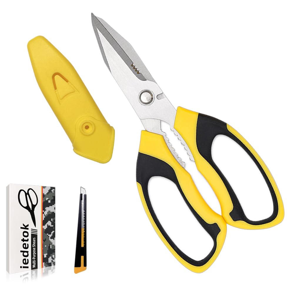 iedetok Utility Scissors Heavy Duty, Ultra Sharp Blade Shears with Protective Case, Multipurpose Stainless Steel Scissors For Cutting Cardboard, Fabric, Carpet, Leather, Wire (Yellow Set)