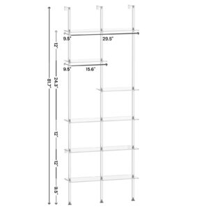 CRTERICX Narrow Acrylic Bookshelf, Wall Mounted, 6-Tier Clear Ladder Bookshelf with Open Shelves, Multipurpose Bookcase for Living Room, Bathroom, Office, Modern, 9.5" D x 29.5" W x 81.7" H