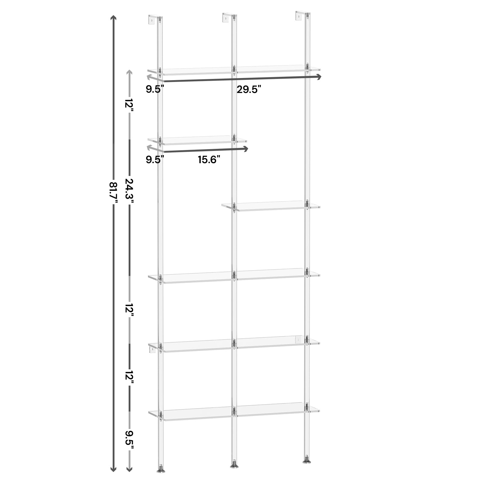 CRTERICX Narrow Acrylic Bookshelf, Wall Mounted, 6-Tier Clear Ladder Bookshelf with Open Shelves, Multipurpose Bookcase for Living Room, Bathroom, Office, Modern, 9.5" D x 29.5" W x 81.7" H