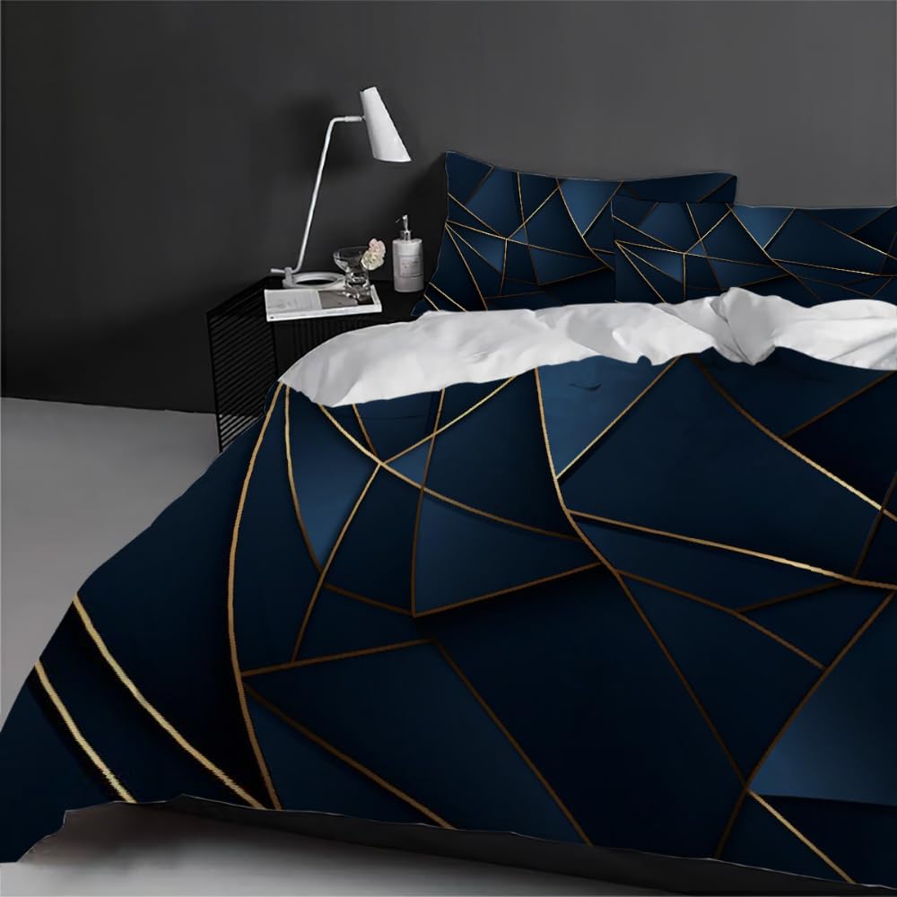 TBAUYI Navy Blue Duvet Cover King Size 3 Pieces，Geometric Gold Line 3D Printed Bedding Set with 2 Pillow Shams Luxury Soft Microfiber Bed Cover, Type13