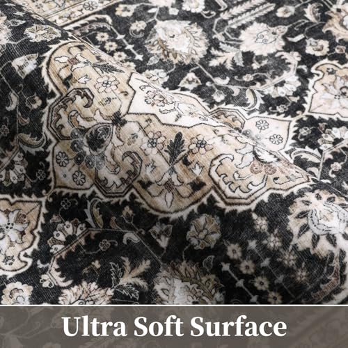 GlowSol Washable Rugs 2x6 Runner Rug Vintage Oriental Area Rugs for Bedroom Aesthetic Entryway Rug Black Rug Throw Rugs with Rubber Backing Distressed Carpet Kitchen Rugs Black 2'x6'