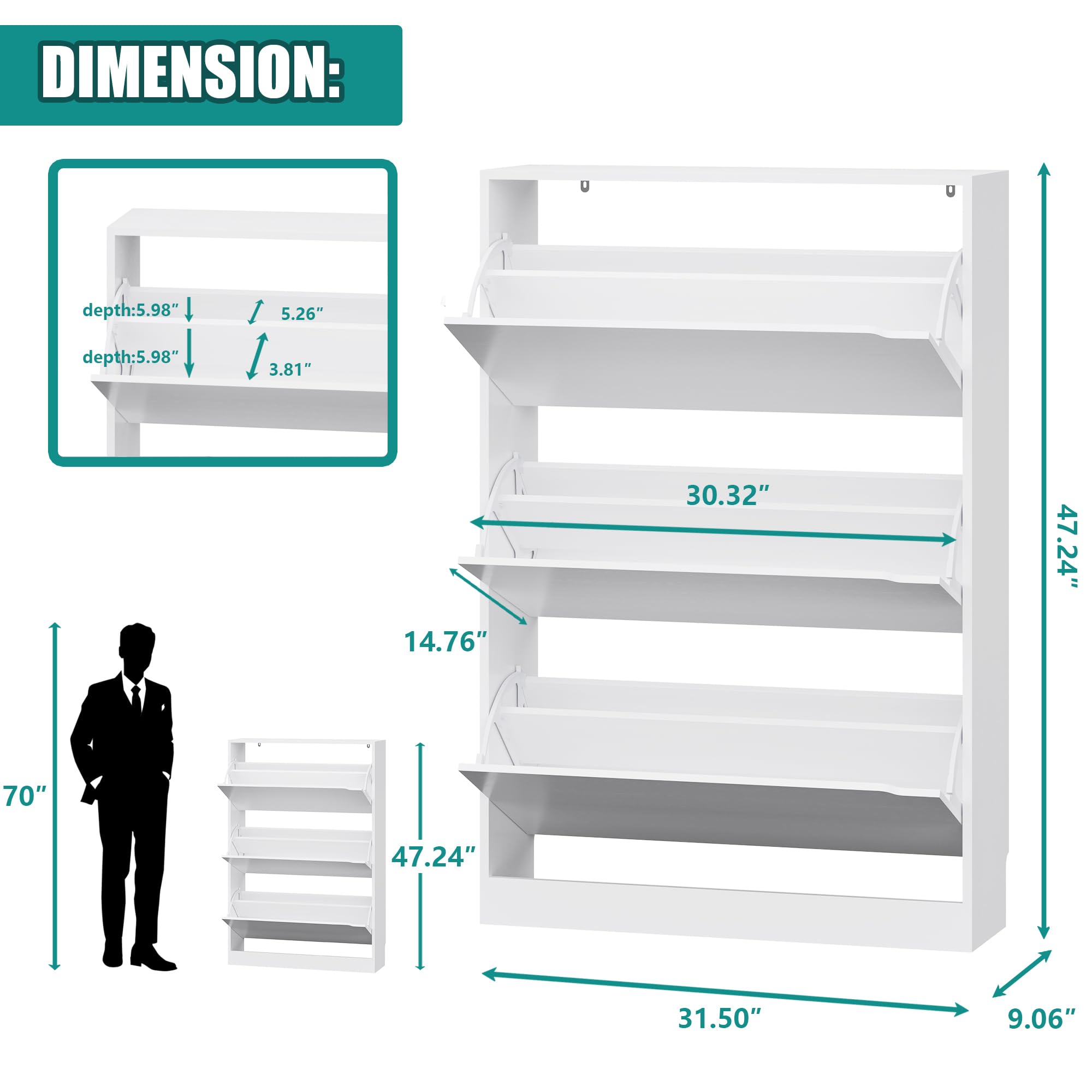 Shoe Storage Cabinet for Entryway with 3 Flip Drawers, Sturdy Wood Hidden Shoe Storage, Freestanding Narrow Slim Shoe Organizer for Front Door Entrance, Living Room, Hallway, Bedroom, White