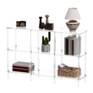 crtericx acrylic horizontal bookshelf, 11.8" d x 47.2" w x 31" h, 3-tier clear low book shelf with large storage, multipurpose bookcase for living room, bathroom, office, easy assembly