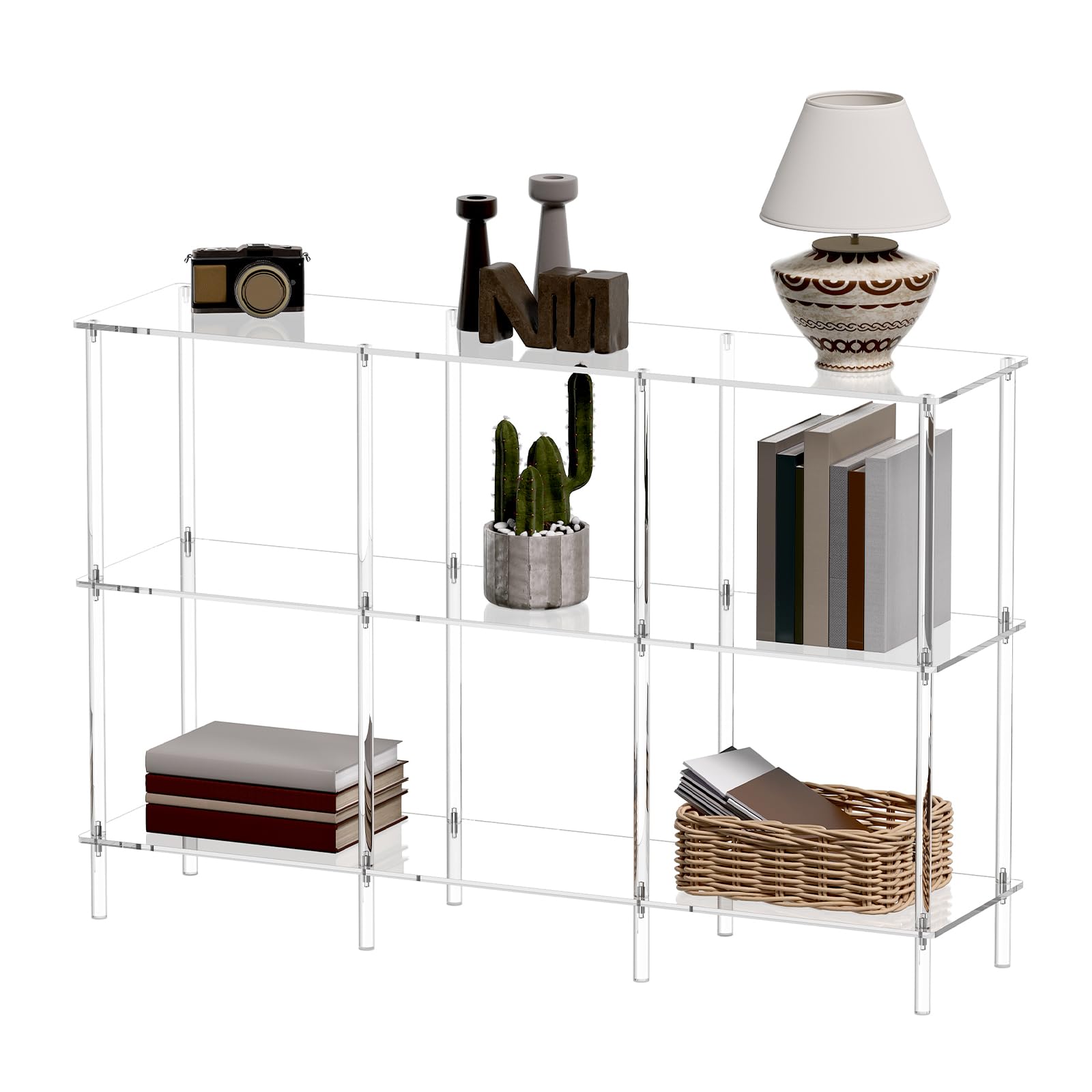 CRTERICX Acrylic Horizontal Bookshelf, 11.8" D x 47.2" W x 31" H, 3-Tier Clear Low Book Shelf with Large Storage, Multipurpose Bookcase for Living Room, Bathroom, Office, Easy Assembly