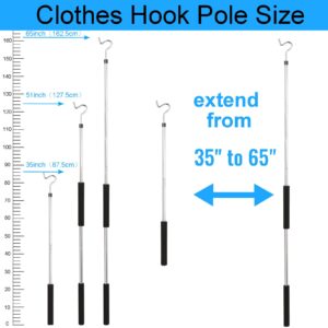 Frebuta Clothes Hook Pole, 35" to 65" Long Clothes Rack Hook Pole Stainless Steels Soft Sponge Handle Durable & Sturdy Shutters Pole Ceiling Home Lightweight Garment Hook Reach Pole