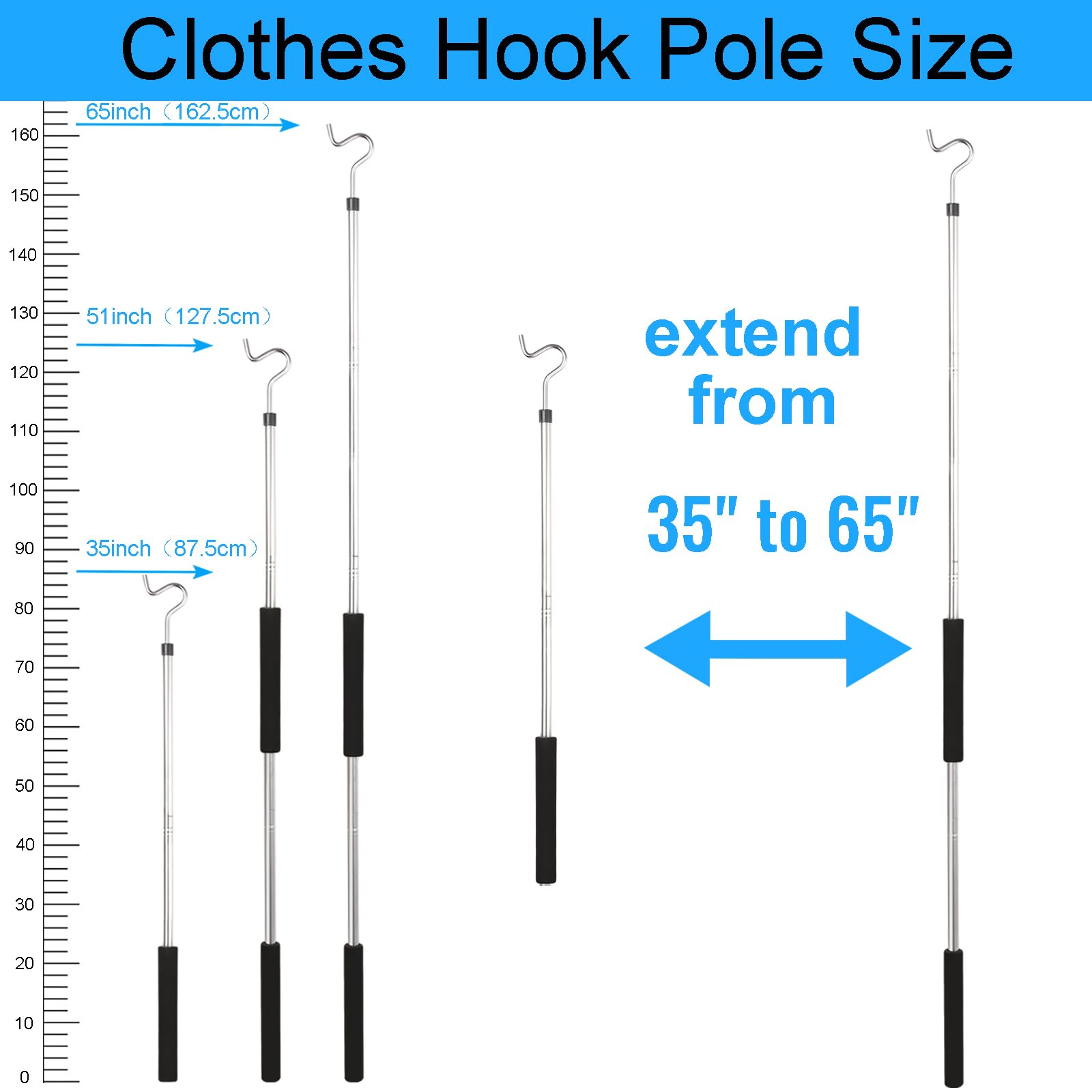 Frebuta Clothes Hook Pole, 35" to 65" Long Clothes Rack Hook Pole Stainless Steels Soft Sponge Handle Durable & Sturdy Shutters Pole Ceiling Home Lightweight Garment Hook Reach Pole