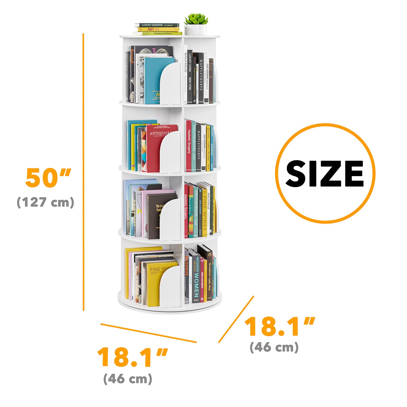 SpaceAid 4 Tier Rotating Bookshelf Tower, Spinning Bookcase Lazy Susan, Revolving 360 Book Shelf Storage Round Carousel, Vertical Rotate Turning Spiral Corner Organizer, White