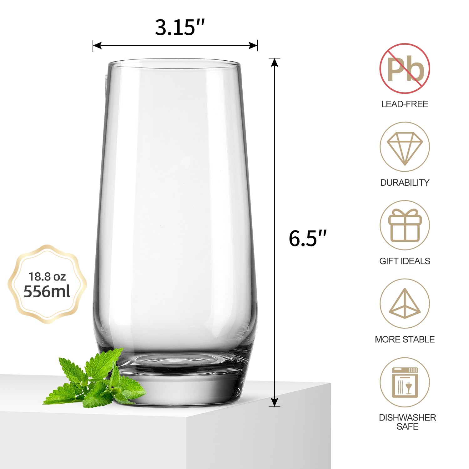 LmmNaoer 18 Ounce Highball Drinking Glasses Set of 4, Large Tall Glass Cups, Lead-Free Crystal Tall Drinking Glasses, Water Glasses, Cocktail Glasses, Bar Glassware for Rocks, Juice, Beer, Beverage