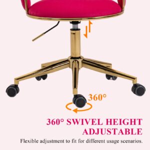 Allnifurv Home Office Chair with Hand Woven, Velvet Upholstered Desk Chair with Open Back, 360° Swivel & Height Adjustable Task Chair, Ergonomic Office Chair with Gold Base (Rose Red)