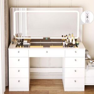 bvldfamly makeup furniture with power outlet & led lights, glass top makeup with multiple storage space, 3 lighting modes adjustable brightness for dressing room, white