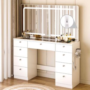 Bvldfamly Makeup Furniture with Power Outlet & LED Lights, Glass Top Makeup with Multiple Storage Space, 3 Lighting Modes Adjustable Brightness for Dressing Room, White