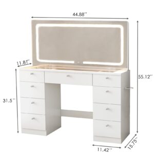 Bvldfamly Makeup Furniture with Power Outlet & LED Lights, Glass Top Makeup with Multiple Storage Space, 3 Lighting Modes Adjustable Brightness for Dressing Room, White