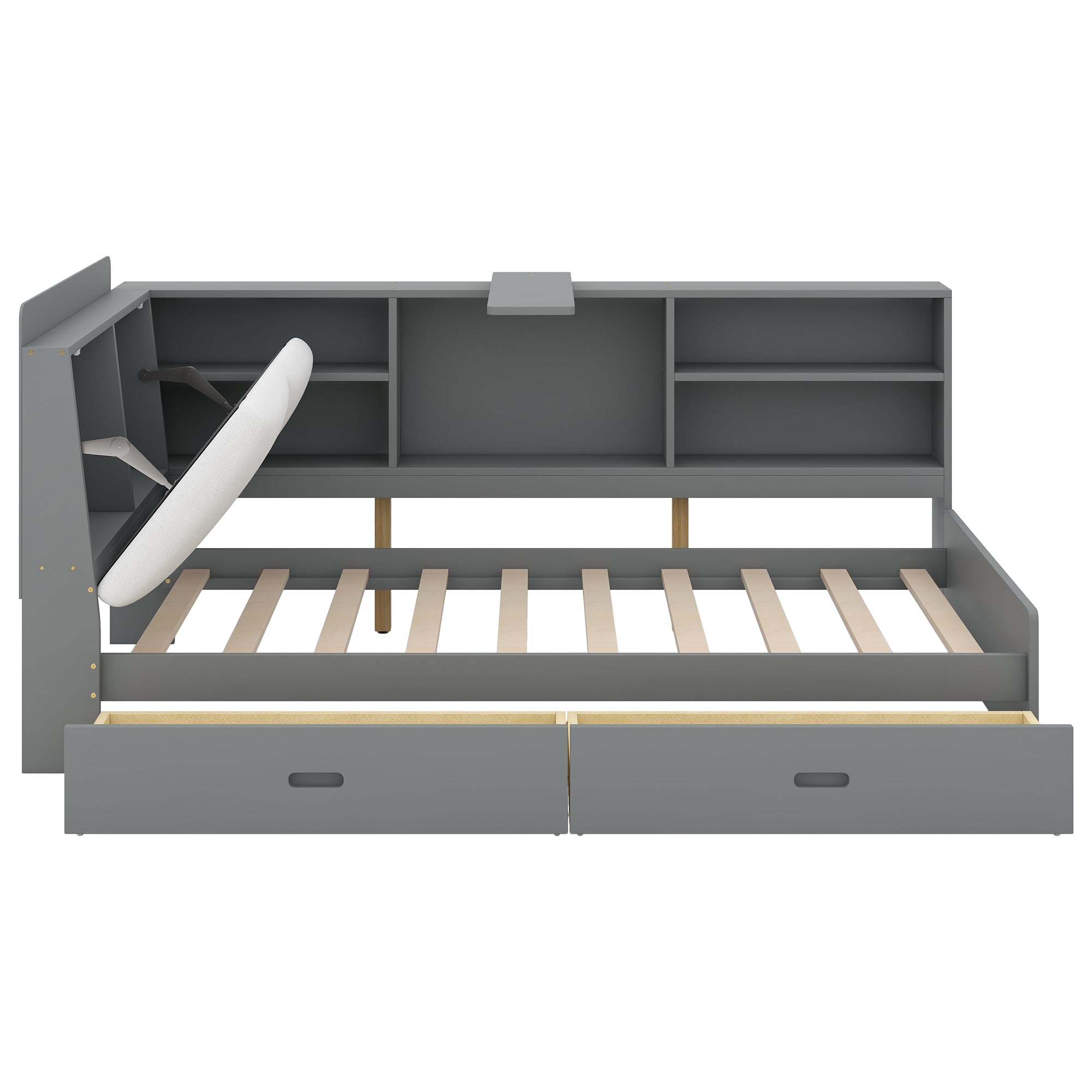 VilroCaz Twin Size Platform Bed with L-Shaped Storage Shelves and Upholstered Headboard, Solid Wood Daybed Frame with 2 Drawers and Rotatable Storage Board, Maximize Space (Grey-25)