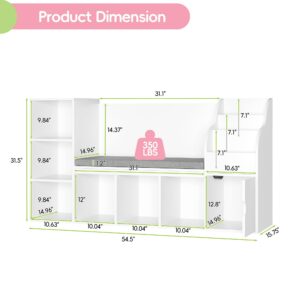 MU Kids Bookshelf with Reading Nook, Toddler Bookcase Bench with Seat Cushion and 7 Storage Cubbies, Kids Reading Nook for Boys & Girls, Toy Storage Bench Box for Bedroom, Playroom, Nursery, White