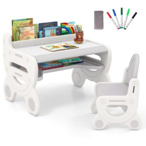 honey joy kids table and chair set, plastic children activity table and chair w/graffiti desktop, storage, markers & eraser, toddler table and chair set for daycare playroom classroom (gray)