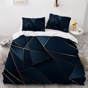 TBAUYI Navy Blue Duvet Cover King Size 3 Pieces，Geometric Gold Line 3D Printed Bedding Set with 2 Pillow Shams Luxury Soft Microfiber Bed Cover, Type13