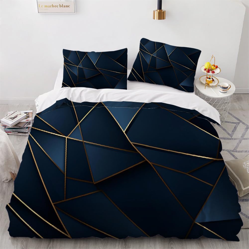 TBAUYI Navy Blue Duvet Cover King Size 3 Pieces，Geometric Gold Line 3D Printed Bedding Set with 2 Pillow Shams Luxury Soft Microfiber Bed Cover, Type13