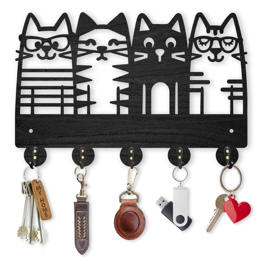 MAYJOYDIY Cat Coat Hooks Wall Mount Cat Wearing Glasses Wood Key Holder for Wall 11.8×7.9inch Black Pet Wall Art Decor Key Hooks 5 Alloy Hooks for Gift Entryway Living Room Kitchen Office