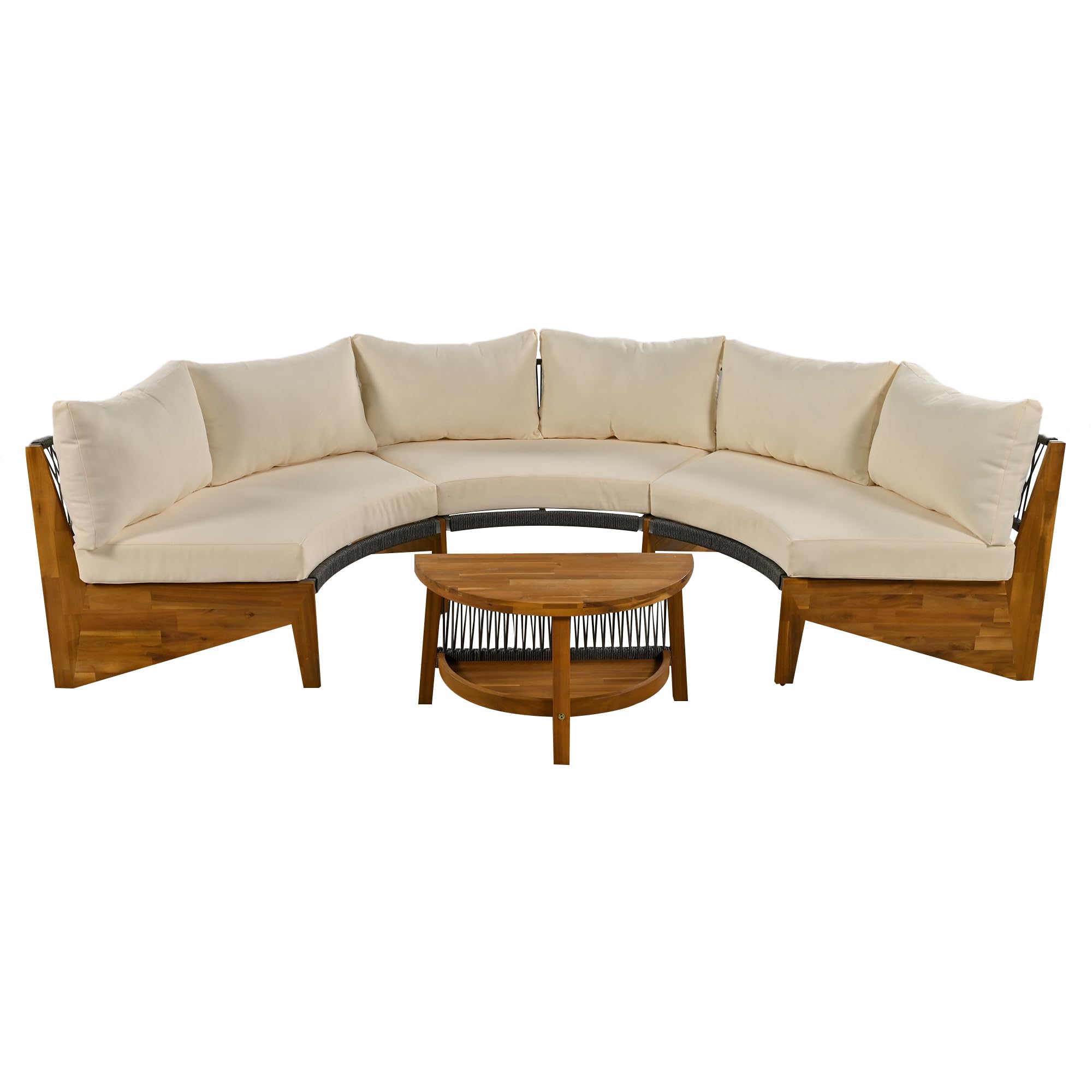 6-Person Outdoor Seating Group with Coffee Table, Half Moon Patio Sectional Sofa Set, All Weather Conversation Sofa Set with Acacia Wood Frame and Thick Cushions for Backyard Poolside (Beige+Acacia)