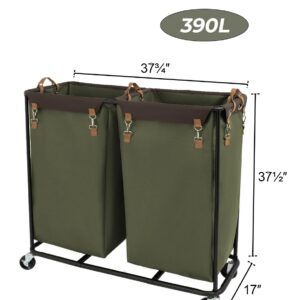 StorageWorks Laundry Sorter Cart with 2 Sections, 390L Laundry Cart with Wheels, Extra Large Double Laundry Hamper, Laundry Basket Divider for Hotel, Home, Green, 1-Pack