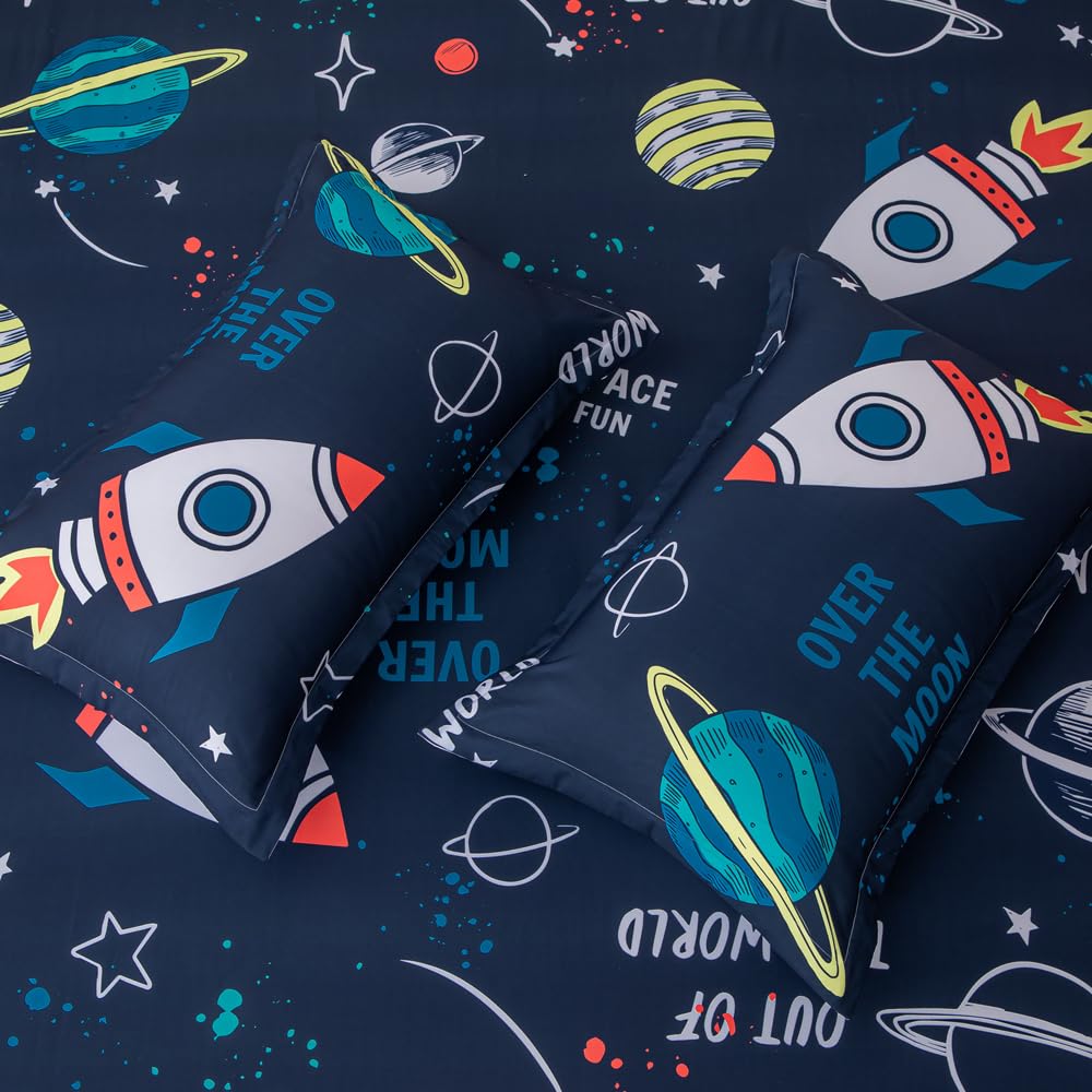 Megamayga Space Sheets Twin Size for Boys Kids 4 Pieces Outer Space Bed Sheets 3D Space Rocket Planets Bedding Set for Teens Boys Space Theme Bedding Set with 1 Fitted Sheet 1 Flat Sheet 2 Pillowcases