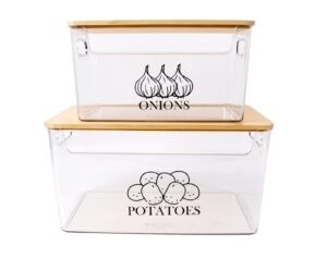 xbopetda potato onion storage, potato bin with bamboo lid, transparent acrylic potato container onion keeper, 2 set stackable onion storage, pantry kitchen counter organizer for potatoes onions-clear