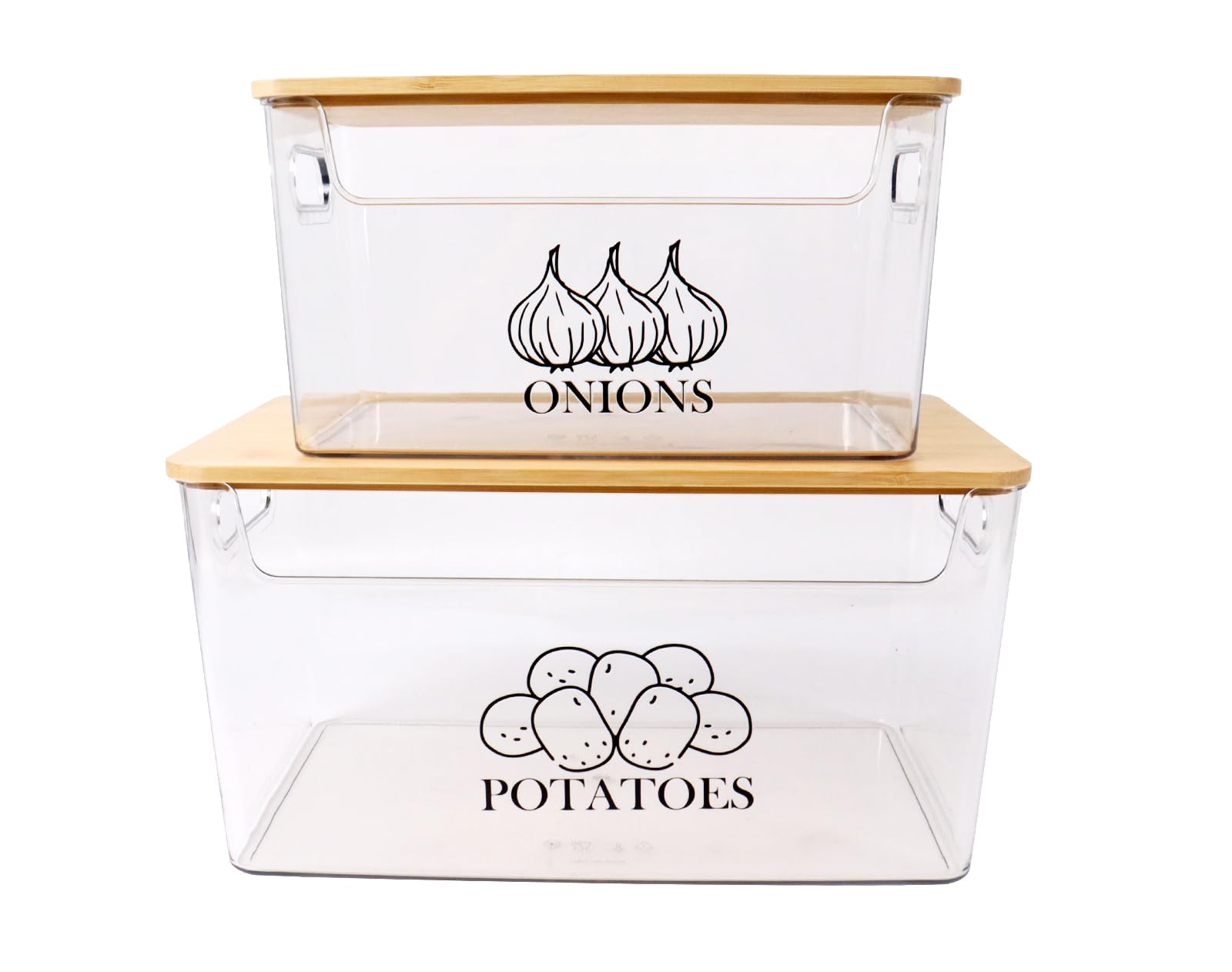 Xbopetda Potato Onion Storage, Potato Bin with Bamboo Lid, Transparent Acrylic Potato Container Onion Keeper, 2 Set Stackable Onion Storage, Pantry Kitchen Counter Organizer for Potatoes Onions-Clear