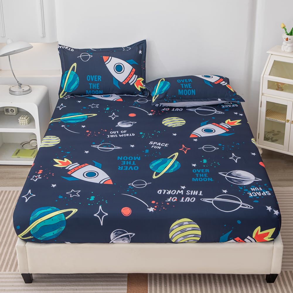 Megamayga Space Sheets Twin Size for Boys Kids 4 Pieces Outer Space Bed Sheets 3D Space Rocket Planets Bedding Set for Teens Boys Space Theme Bedding Set with 1 Fitted Sheet 1 Flat Sheet 2 Pillowcases