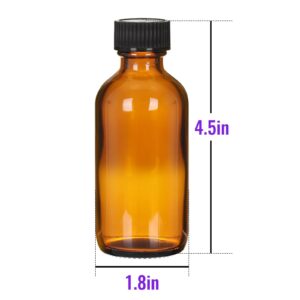 12 Pack 2 oz Amber Glass Boston Bottles, Round Tinture Bottles with Black Caps for Essential Oil, Perfume, Homemade Vanilla Extract and Liquid