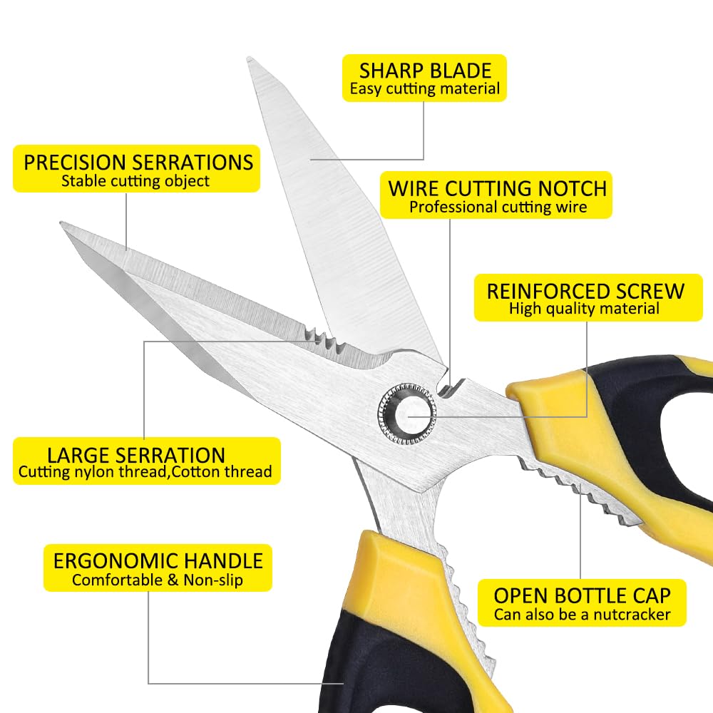 iedetok Utility Scissors Heavy Duty, Ultra Sharp Blade Shears with Protective Case, Multipurpose Stainless Steel Scissors For Cutting Cardboard, Fabric, Carpet, Leather, Wire (Yellow Set)