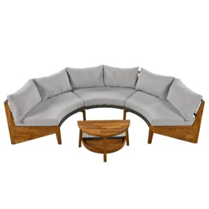 6-Person Outdoor Seating Group with Coffee Table, Half Moon Patio Sectional Sofa Set, All Weather Conversation Sofa Set with Acacia Wood Frame and Thick Cushions for Backyard Poolside (Grey+Acacia)