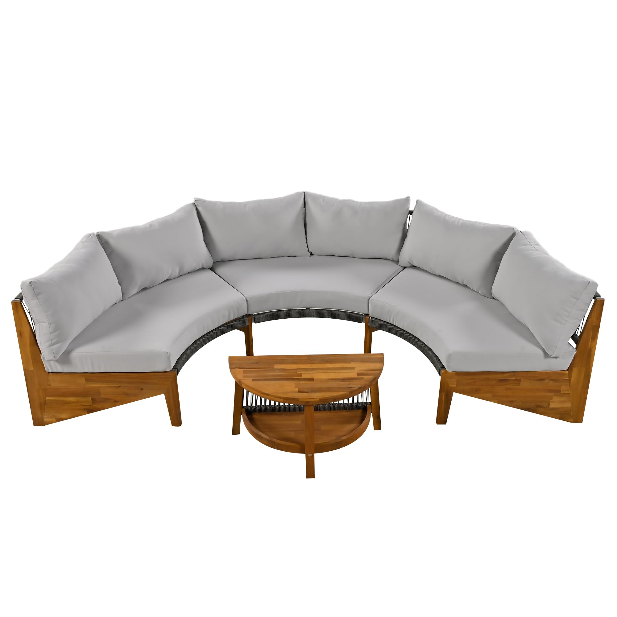 6-Person Outdoor Seating Group with Coffee Table, Half Moon Patio Sectional Sofa Set, All Weather Conversation Sofa Set with Acacia Wood Frame and Thick Cushions for Backyard Poolside (Grey+Acacia)