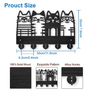 MAYJOYDIY Cat Coat Hooks Wall Mount Cat Wearing Glasses Wood Key Holder for Wall 11.8×7.9inch Black Pet Wall Art Decor Key Hooks 5 Alloy Hooks for Gift Entryway Living Room Kitchen Office