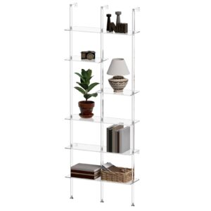 crtericx narrow acrylic bookshelf, wall mounted, 6-tier clear ladder bookshelf with open shelves, multipurpose bookcase for living room, bathroom, office, modern, 9.5" d x 29.5" w x 81.7" h