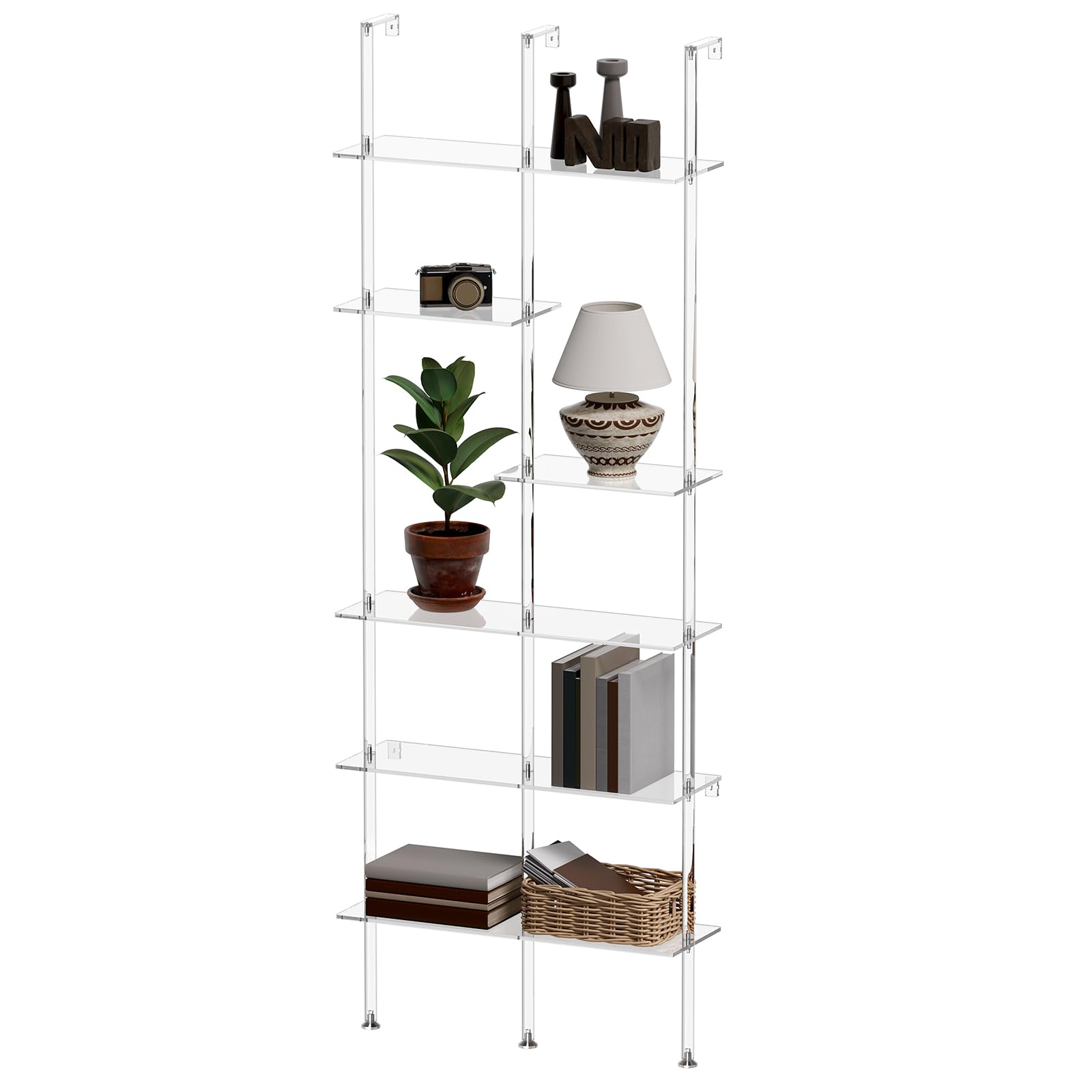 CRTERICX Narrow Acrylic Bookshelf, Wall Mounted, 6-Tier Clear Ladder Bookshelf with Open Shelves, Multipurpose Bookcase for Living Room, Bathroom, Office, Modern, 9.5" D x 29.5" W x 81.7" H