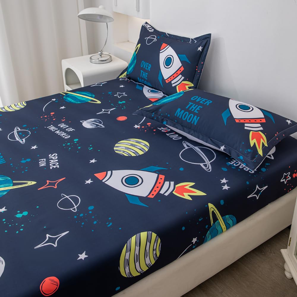 Megamayga Space Sheets Twin Size for Boys Kids 4 Pieces Outer Space Bed Sheets 3D Space Rocket Planets Bedding Set for Teens Boys Space Theme Bedding Set with 1 Fitted Sheet 1 Flat Sheet 2 Pillowcases