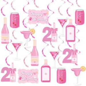 21st birthday hanging swirls decorations, pink champagne wine bottle 21st birthday decorations for her, happy 21st birthday party decorations for women girl, twenty-one year old birthday decoration