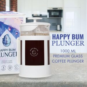 Happy Bum Coffee Plunger | 1 Liter(33.8oz) Glass French Press Stainless Steel Strainer | Easy to Use & Clean French Coffee Press Glass for Brewing and Storing Coffee Enema