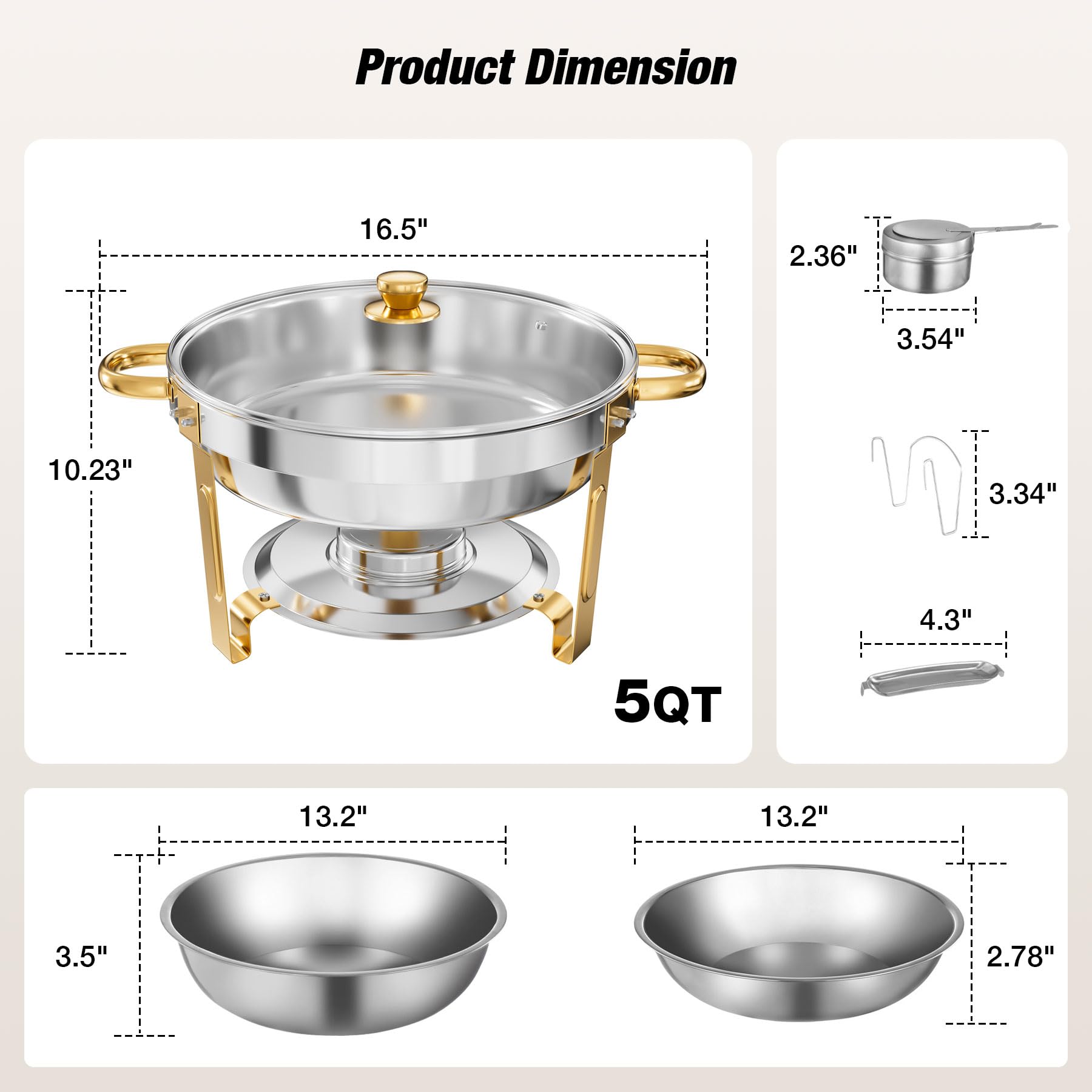 WARMOUNTS Gold Chafing Dishes for Buffet, 5QT Round Chafing Dish Buffet Set w/Glass Lid & Lid Holder, Thickened Stainless Steel Chafers and Buffet Warmers Sets for Weddings, Events, Banquet (2)