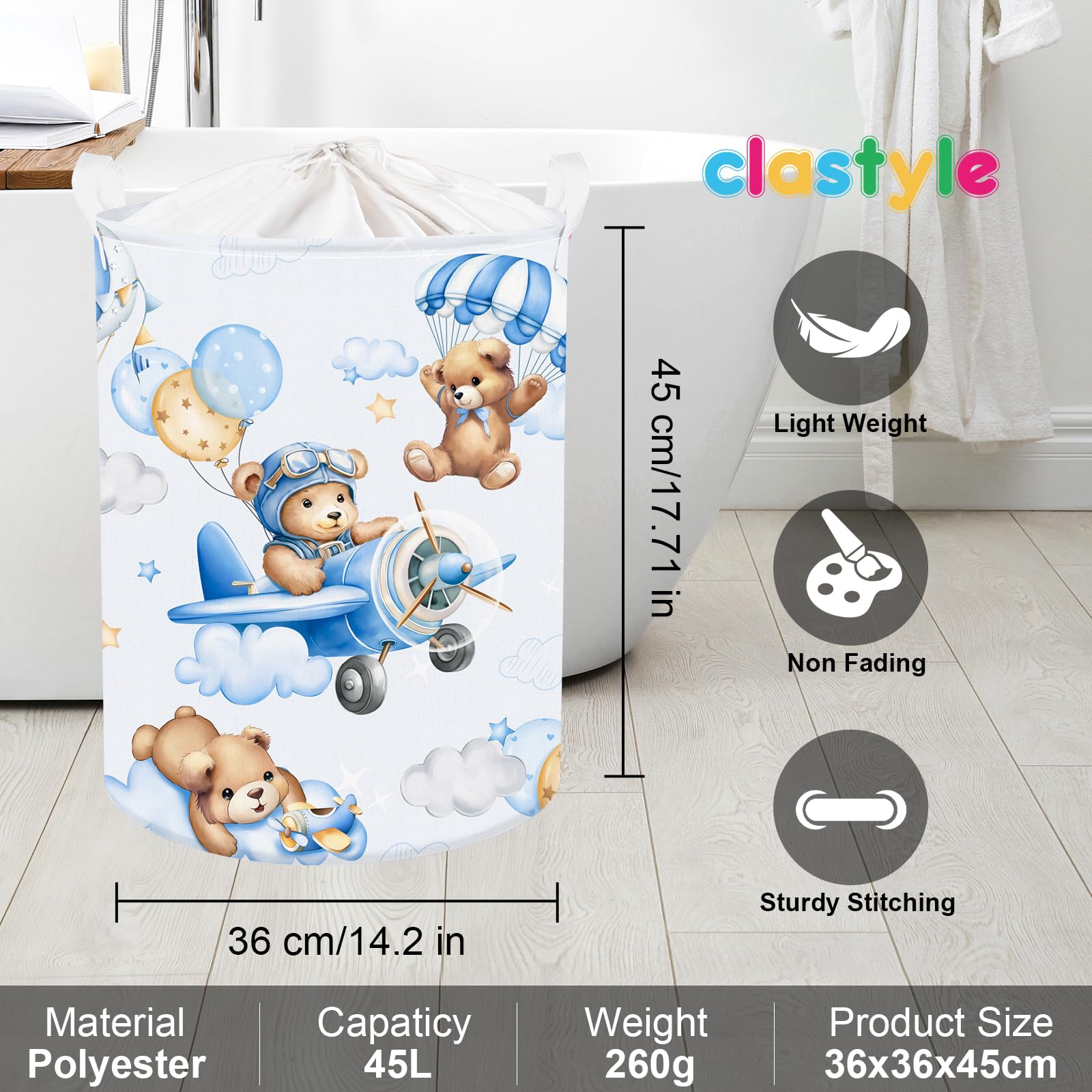 Clastyle 45L Large Blue Bear Pilot Kid Boy Girl Laundry Hamper with Handle Collapsible Balloon Clothes Toy Storage Basket with Lid for Nursery