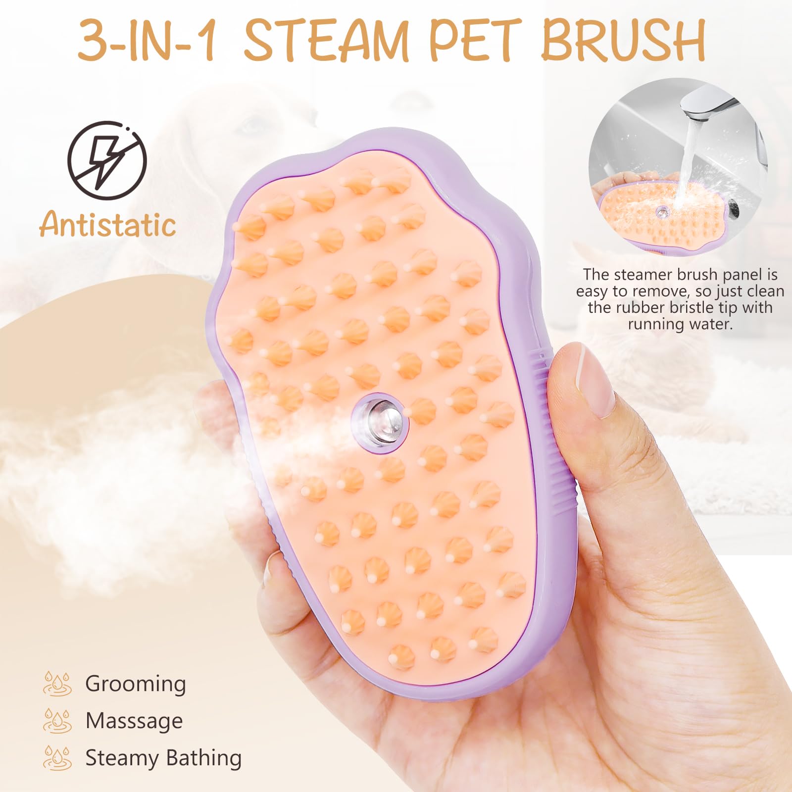 Cat Steam Brush for Shedding: 3-in-1 Silicone Steam Brush for Cats, Rechargeable Steam Cat Brush, Steamy Pet Brush, Dog Steam Brush for Shedding, Cat Grooming Brush with Steam - Purple